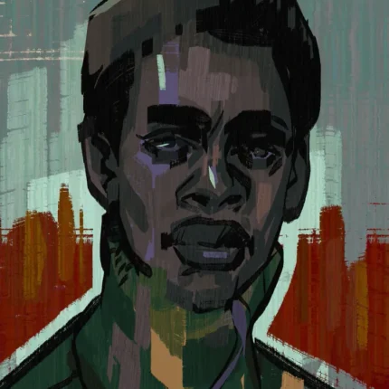 Painted portrait of a serious man in a green jacket before a red and teal city skyline
