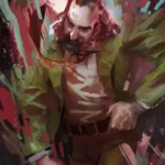 Mustached man in an olive jacket amid bursts of red, pink and teal paint