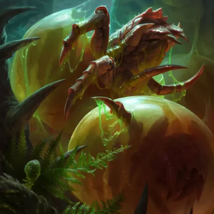 Red spiny insect-like creature perched on glowing yellow-green pods among ferns and thorns
