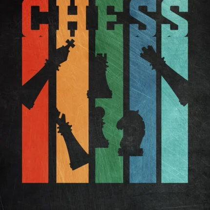 CHESS lettering above colorful vertical stripes with black chess piece silhouettes