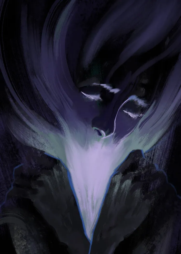Disco Elysium Violet Mind Ghostly Face Purple Art Poster Ghostly face with streaming hair in violet and teal glowing brush strokes