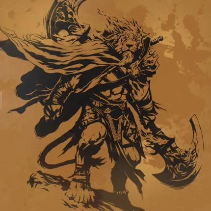 Dark silhouette of a caped lion-headed warrior drawing a sword on an amber brown background