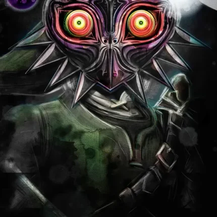 Spiked Majora's Mask with glowing eyes over a green-clad figure in the dark