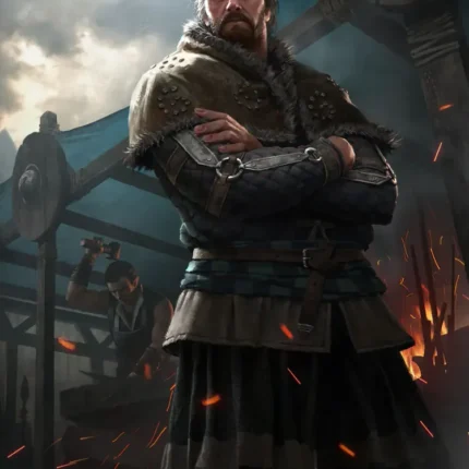 Bearded warrior leader in mail armor with arms crossed beside ships