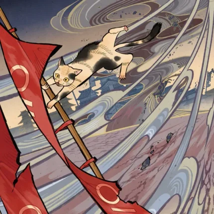 White and brown cat leaping across a swirling wind vortex with red banners in Japanese style