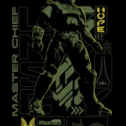 Armored Master Chief soldier in green tones with emblems and weapon icons on black background