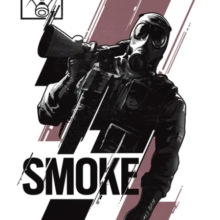 Gas-masked Smoke operator holding a weapon on diagonal maroon stripes, Rainbow Six poster