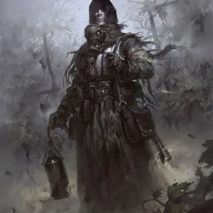Hooded masked warrior holding a lantern in a gray misty forest with small creatures near his feet