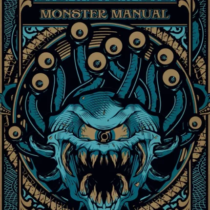Teal many-eyed beholder monster on an ornate gold-bordered Monster Manual cover