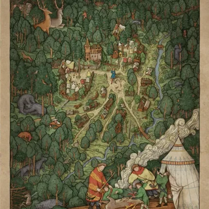 Illustrated medieval map titled Pribyslavitz with dense forest, village, animals and a tent