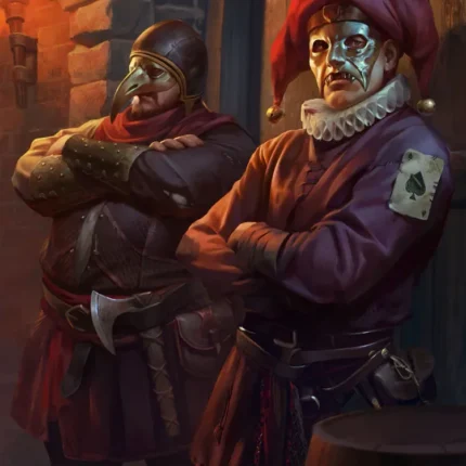 Two guards with arms crossed, one in a beaked mask and one in a jester cap