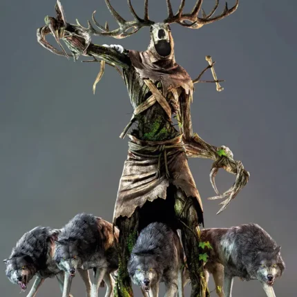 Antlered masked forest creature surrounded by four gray wolves