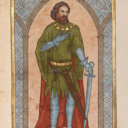 Medieval manuscript painting of a bearded knight in a green tunic, armor and red cloak with a sword