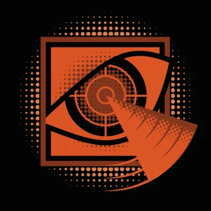 Orange eye with crosshair pupil in a square emblem with halftone dots on a black background