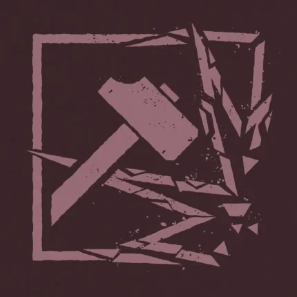 Pink sledgehammer in a square with shattered shards on a dark maroon background