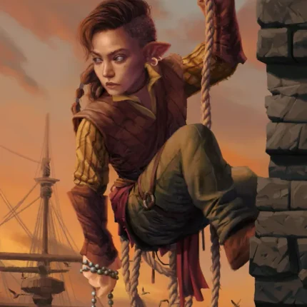 Pointed-eared climber on a rope beside a stone tower with a ship at sunset