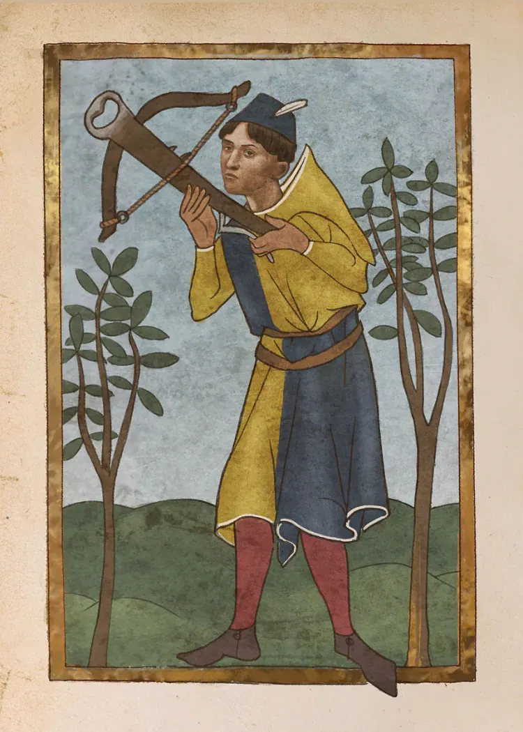 Medieval Crossbowman Manuscript Style Illustration Poster Medieval illustration of a man in a yellow tunic aiming a crossbow between thin trees