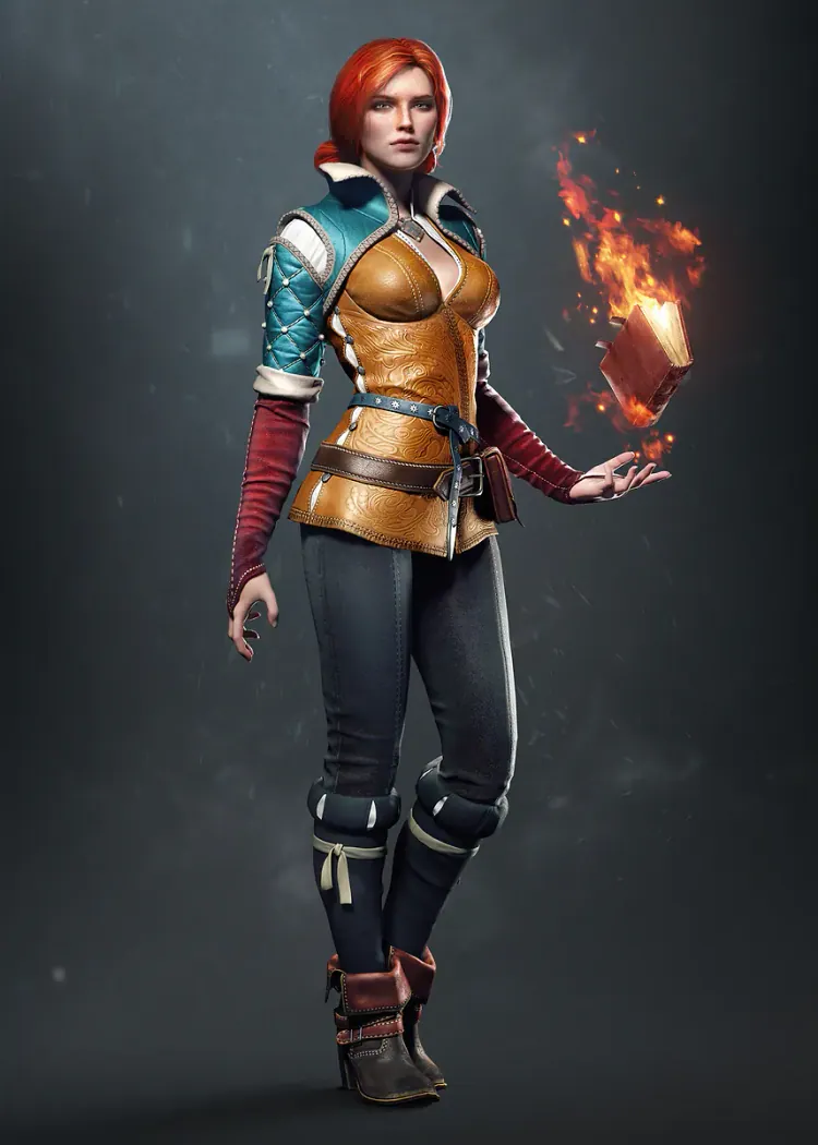The Witcher Red-Haired Sorceress Holding a Flame Poster Red-haired woman in a golden vest holding a small flame in her hand