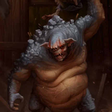Rock-skinned troll with pointed ears lifting a person overhead in a wooden barn