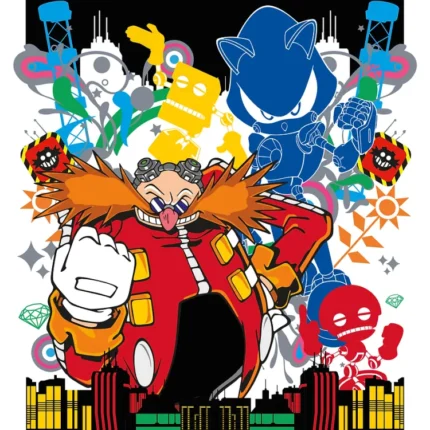 Dr. Eggman in red jacket with robots and city on a Robotics Corp poster