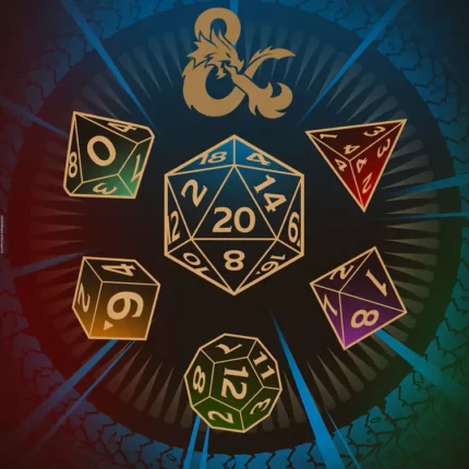 Dungeons & Dragons poster with a ring of golden polyhedral dice and a d20 under a dragon logo