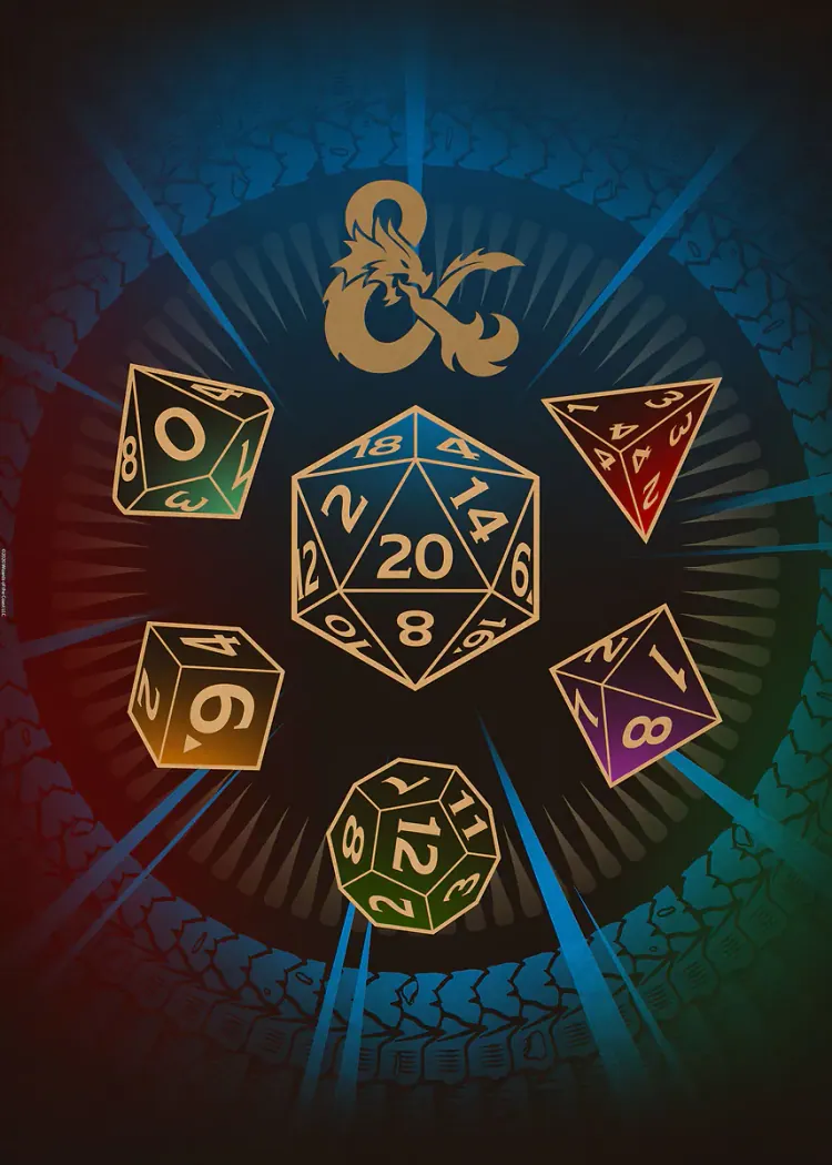 Dungeons & Dragons Golden Polyhedral Dice Poster Dungeons & Dragons poster with a ring of golden polyhedral dice and a d20 under a dragon logo