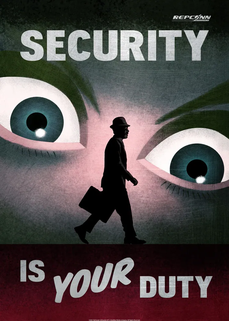 Security Is Your Duty Retro Watching Eyes Propaganda Poster Retro poster of a man with a briefcase beneath giant eyes with the text Security is your duty