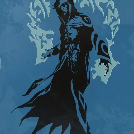 Hooded mage in a flowing cloak under glowing runes on a textured blue background