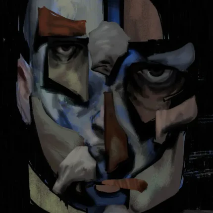 Face broken into angular blue, brown and cream fragments with dark staring eyes