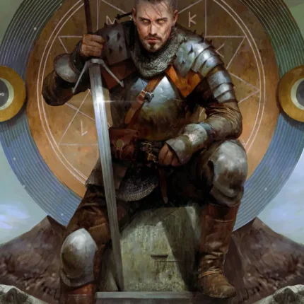 Bearded knight in steel armor seated on stone holding a long sword in front of a golden circular emblem