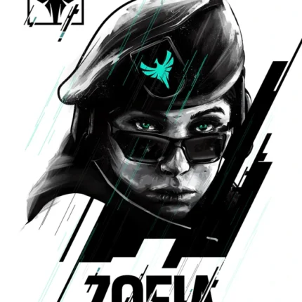 Black and white portrait of Zofia in a beret and sunglasses with a teal emblem, Rainbow Six poster