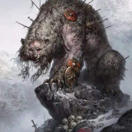 Huge shaggy spiked beast with red eyes on a snowy rock with skulls at its base in a misty mountain scene