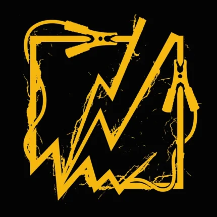 Yellow lightning bolts and jumper cables in a square frame on black, Rainbow Six Bandit symbol