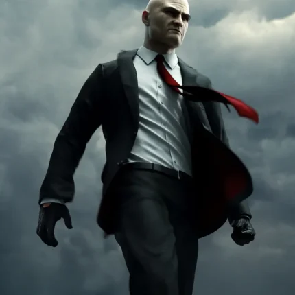 Bald man in a dark suit and red tie walking under heavy grey storm clouds
