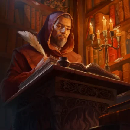 Hooded scribe with a quill writing at a lectern in a candlelit library