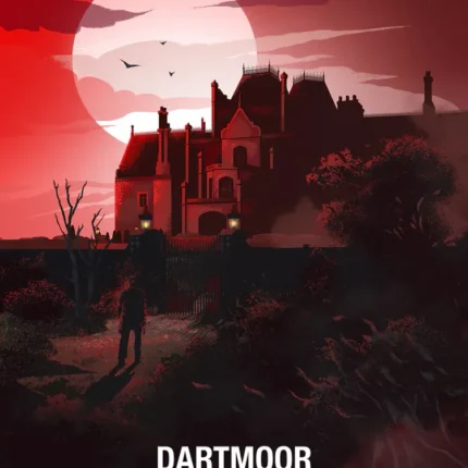 Red travel-style poster of a gothic manor under a huge moon labeled Dartmoor England