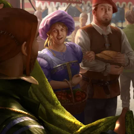 Man in a green cloak talking with a woman in a purple cap and a baker at a market