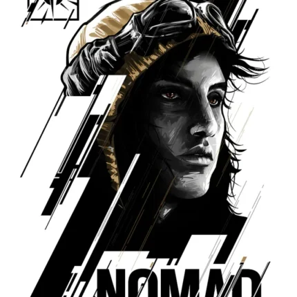 Black and white portrait of Rainbow Six Siege operator Nomad with the name NOMAD below