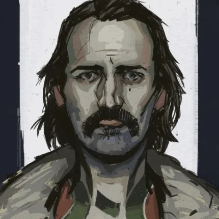 Illustrated portrait of a weary mustached man with long hair and a fur collar