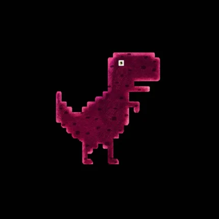 ديناصور بكسل وردي على خلفية سوداء مع كلمة Offlineasaurus، رمز انقطاع الاتصال