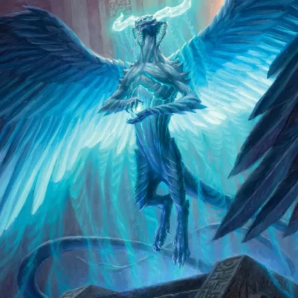 Fantasy artwork of a glowing blue winged creature above stone steps
