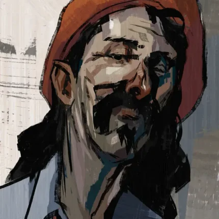 Painted portrait of a man in a red hat with long hair and a mustache