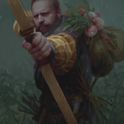 Bearded archer in a yellow-sleeved tunic drawing a wooden bow in a green rainy forest
