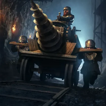Helmeted men pushing a rail cart with a giant spiral drill in a mine