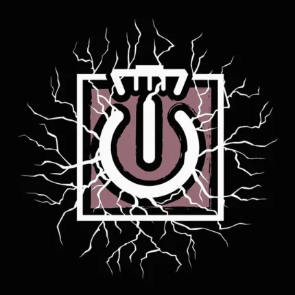 White power symbol in a square with electric cracks spreading on a black background