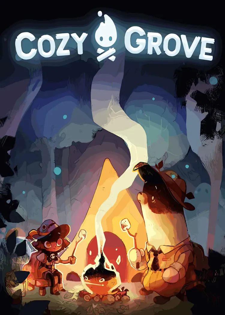 Cozy Grove Campfire Scene Cute Game Art Poster Cartoon campers roasting marshmallows around a campfire in a forest under the Cozy Grove logo