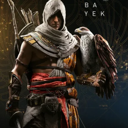 Assassin's Creed Bayek with an eagle on his arm against a gold circular backdrop