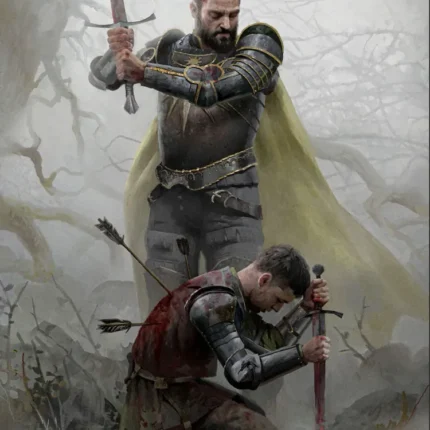 Caped knight raising a sword over a kneeling wounded warrior with arrows in a misty field with bare trees