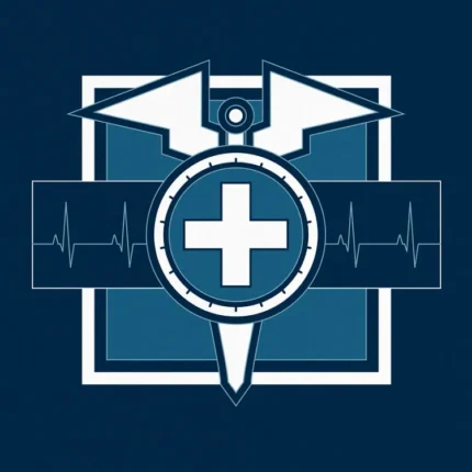 White medical cross emblem with heartbeat line and winged staff on a navy blue background