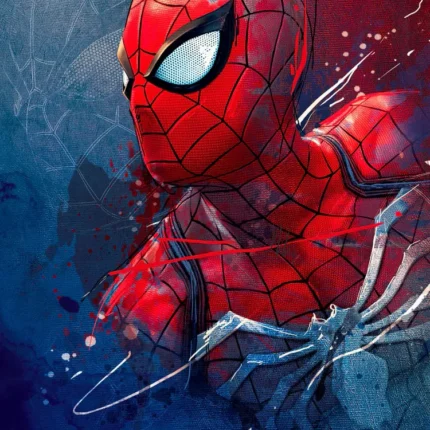 Painted close-up portrait of Spider-Man in red and blue with paint splashes